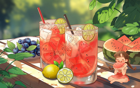柠檬图片二十四节气立夏夏天西瓜汁西瓜蓝莓小女孩植物插画