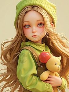 金色长发漂亮的小女孩怀抱着玩具高清图片