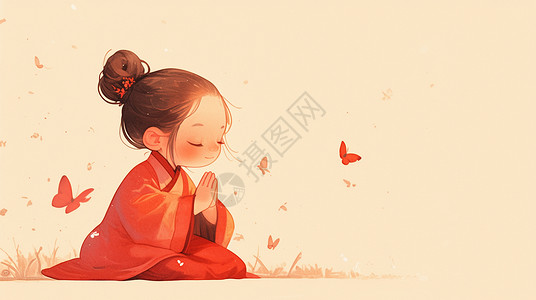 穿着红色古风服装坐着安静休息的女孩插画