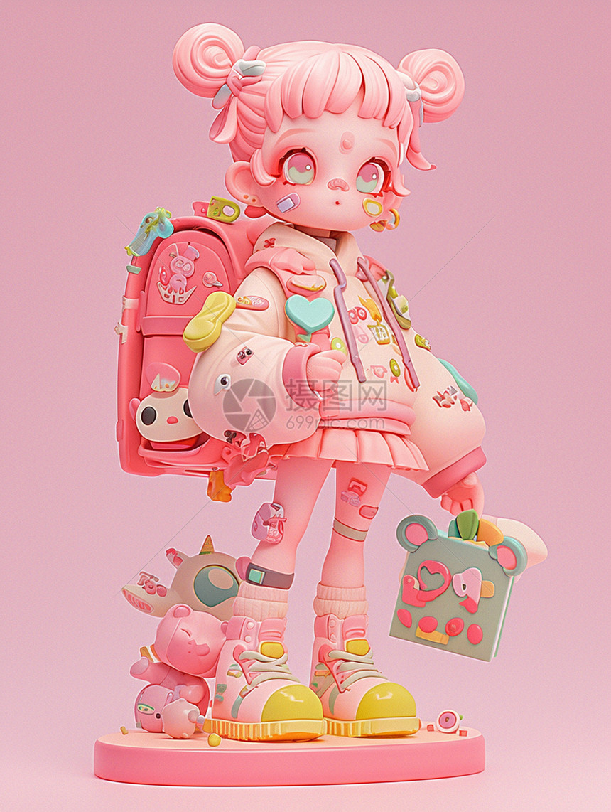 背着粉色书包可爱的立体卡通小女孩图片