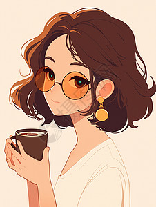 身穿上衣优雅时尚的卷发卡通女人在喝咖啡背景图片