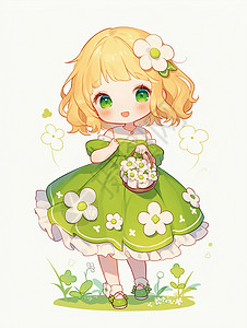 二次元小萝莉头上戴着小花穿着绿色连衣裙的卡通小女孩插画