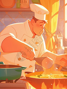 正在厨房努力做饭的卡通厨师背景图片