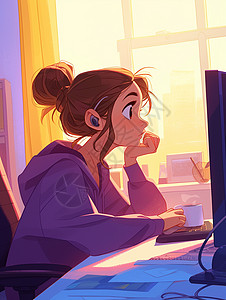 时尚耳机耳机听音乐的卡通女孩在电脑前工作插画