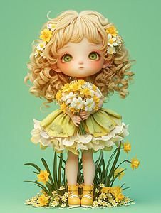 卡通可爱小花抱着一束黄色小花卷发立体可爱的小女孩插画