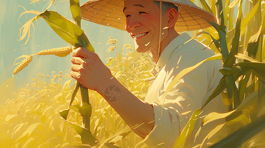 玉米丰收戴着在田地间干农活的卡通农民插画