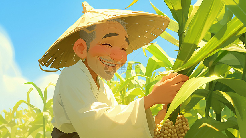 在田地间干农活的卡通农民图片