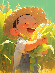 玉米农民在玉米地中开心丰收的卡通农民插画