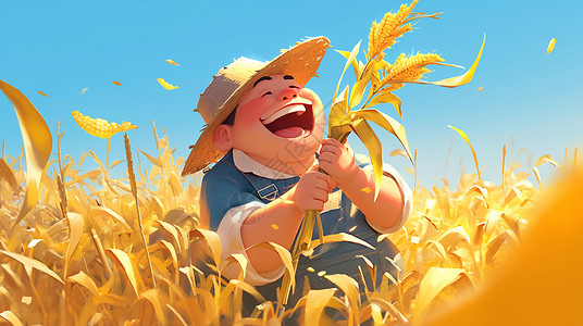 在玉米地中开心丰收的卡通农民背景图片
