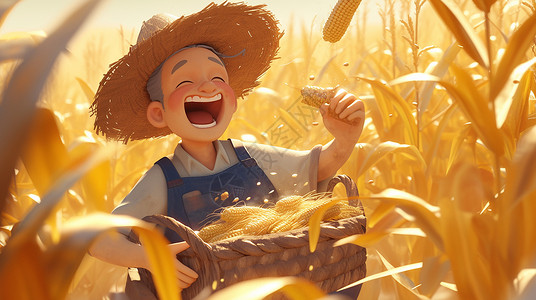 玉米农民在玉米地中开心的卡通农民插画