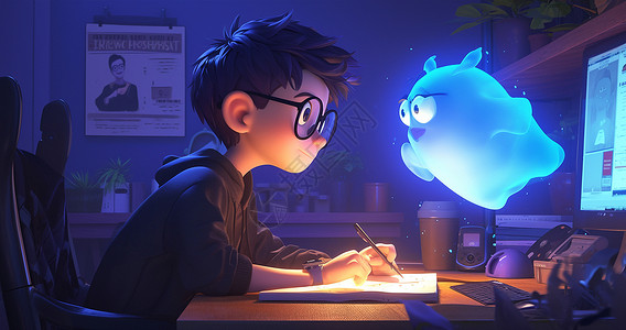 男孩加班夜晚坐在办公桌上手拿着笔看着一个发光的幽灵的卡通男孩插画