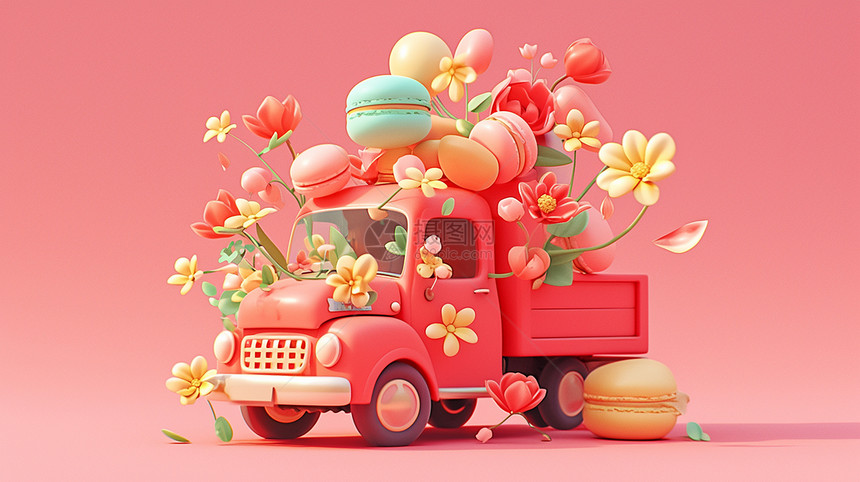装满花朵和马卡龙饼干的粉色可爱卡通小货车图片