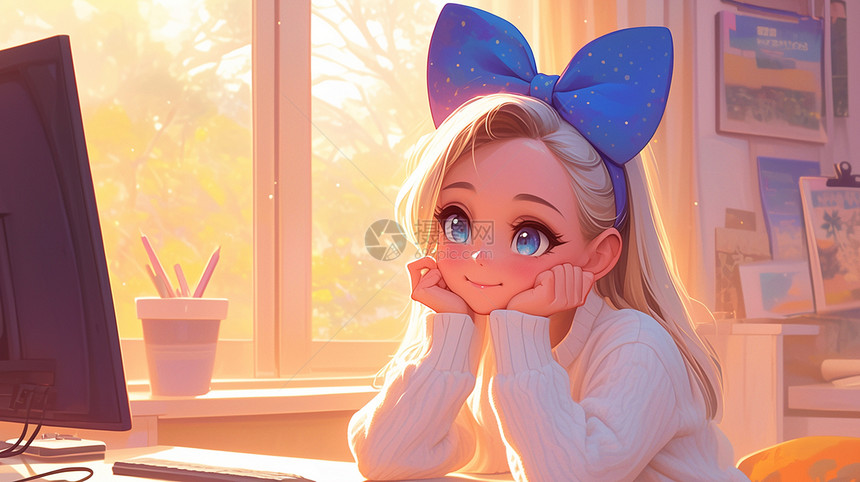 坐在桌子旁穿着白色上衣头戴着蓝色蝴蝶结发卡的卡通小女孩图片