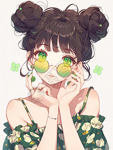 丸子头戴着绿色时尚墨镜的时尚女孩插画
