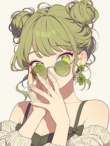 时尚绿色戴着时尚墨镜的卡通时尚女孩插画