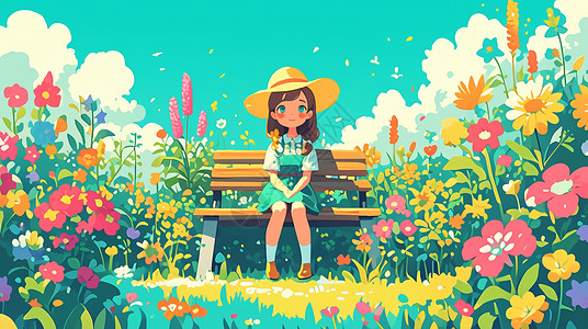 小板凳上赏花的卡通小女孩背景图片