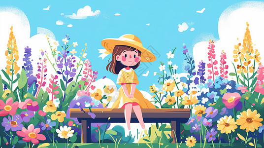 板凳素材坐在花丛中小板凳上赏花的卡通小女孩插画