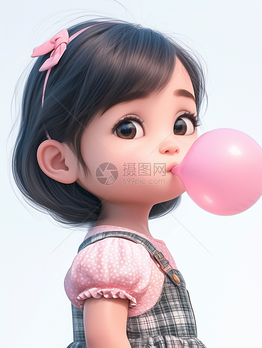 吹泡泡糖手拿气球的可爱卡通小女孩图片
