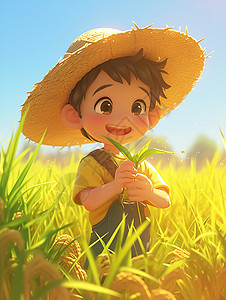 草帽男孩戴着草帽在农田中忙碌的卡通农民插画