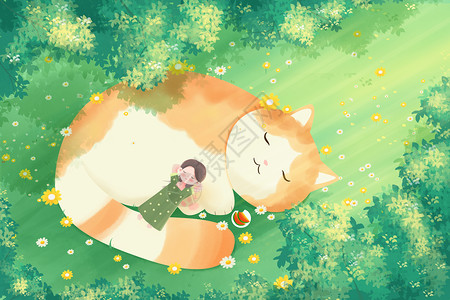猫仔治愈立夏女孩和猫躺在草地上休息插画背景插画