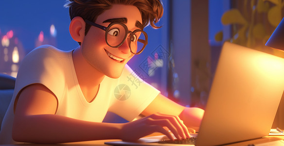 加班干活的男人面带微笑看着电脑开心干活的卡通男人插画