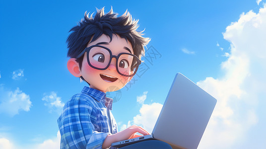 卡通大男孩拿着电脑在办公高清图片