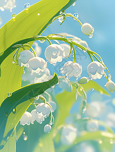 盛开的白色卡通风铃花上挂着很多水珠高清图片