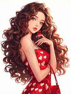 红色桃心身穿红色时尚桃心连衣裙卷发时尚的卡通女人插画