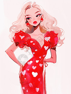 红色桃心身穿红色连衣裙卷发时尚的卡通女人插画
