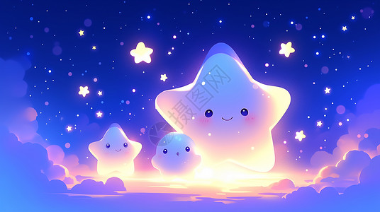 夜晚云朵上的可爱卡通小星星高清图片