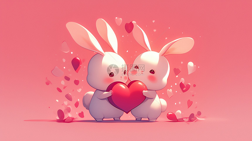 两只卡通小白兔抱着红色爱心图片
