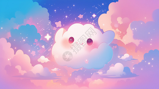 彩色天空上一朵可爱的卡通云背景图片