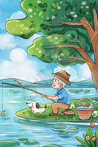 老人在家里手绘水彩之退休的老人家在河边钓鱼场景插画插画
