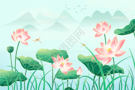 绿色山峦国潮中国风荷花立夏夏天插画GIF高清图片