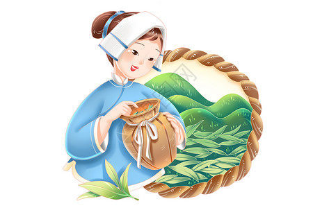 女茶艺师采茶人物春季茶文化茶山装饰组合插画