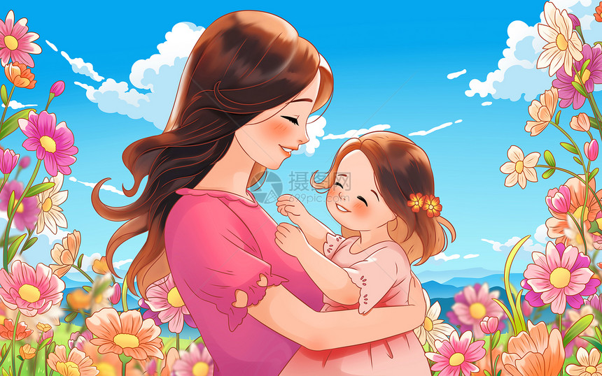 节日母亲节母亲女儿母女花海蓝天白云手绘插画图片