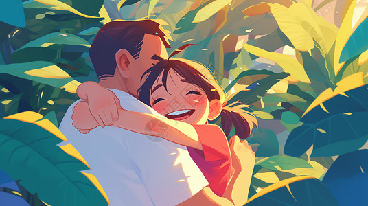 开心拥抱的卡通父女插画背景图片