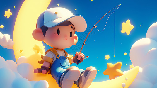 坐在月牙上戴着棒球帽拿着钓鱼竿钓星星的可爱男孩图片素材