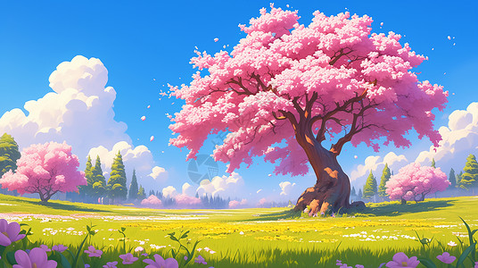 嫩绿色草地上一棵高大盛开的粉色桃花树高清图片