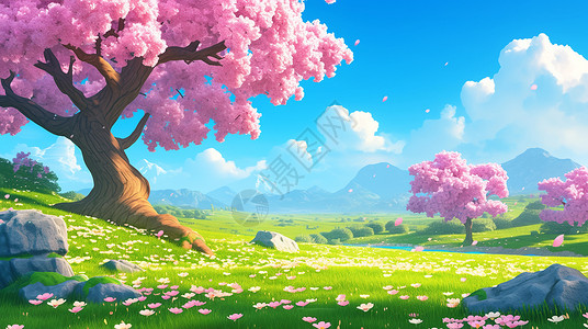 高大的树一棵高大盛开的粉色卡通桃花树插画