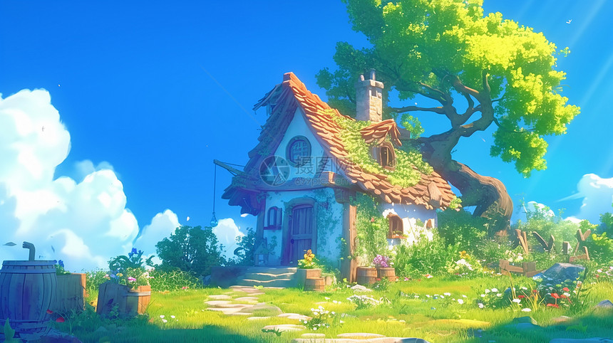 春天在草地上的小房子图片