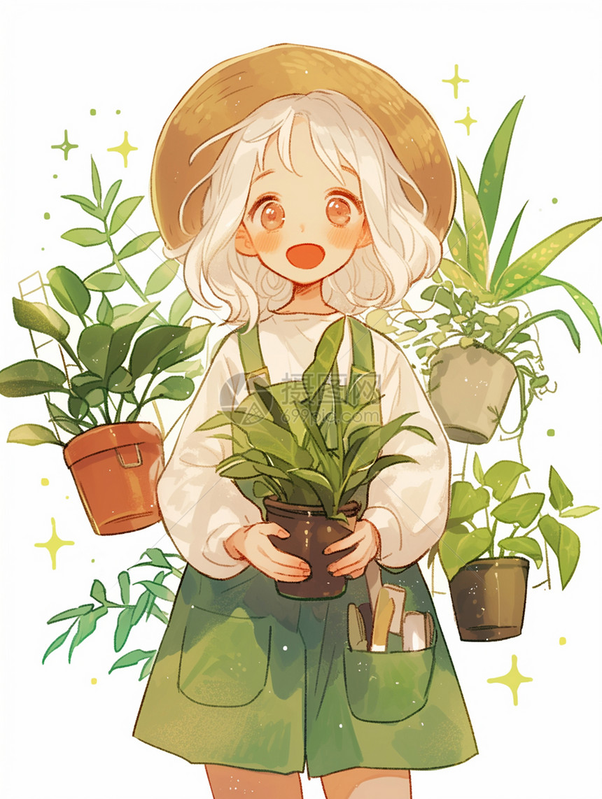 手抱着绿植盆栽的可爱卡通小女孩戴着草帽图片