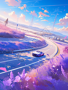 蜿蜒公路开满紫色花朵的山中一条蜿蜒的小路上行驶着一辆卡通小汽车插画