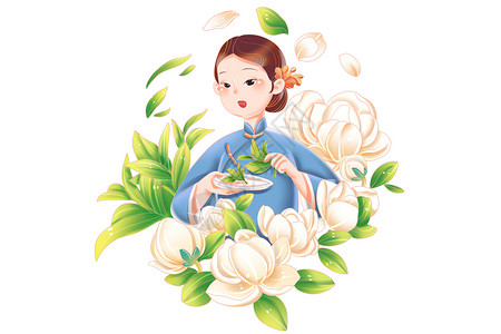 四季春茶春季采茶女茉莉花茶中国茶文化插画插画