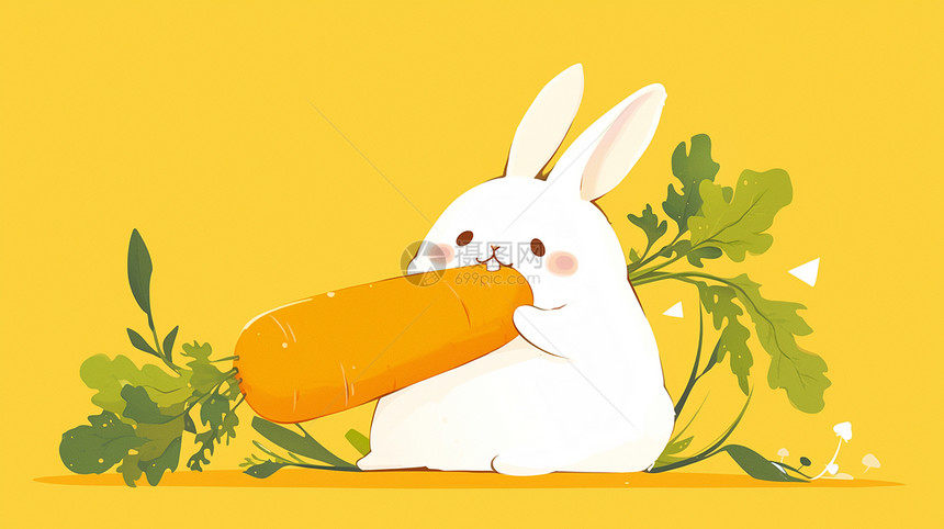 抱着橙色大大的胡萝卜的可爱小白兔图片