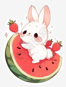 小白兔图片坐在西瓜上的卡通小白兔插画