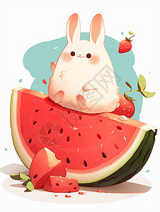 可爱西瓜坐在西瓜上的可爱小白兔插画