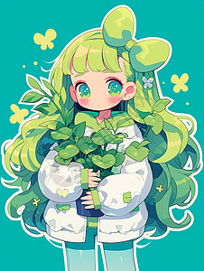 抱花盆女孩头上戴着绿色蝴蝶结的卡通小女孩抱着盆栽绿植插画