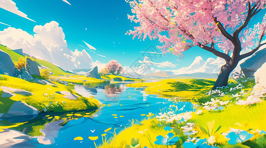 野旷天低树天空下一条蓝色唯美的小河旁一棵高大的粉色树插画