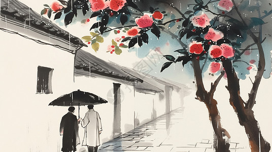 老北京胡同雨中两个打着雨伞的卡通人物背影走在村庄里胡同中插画